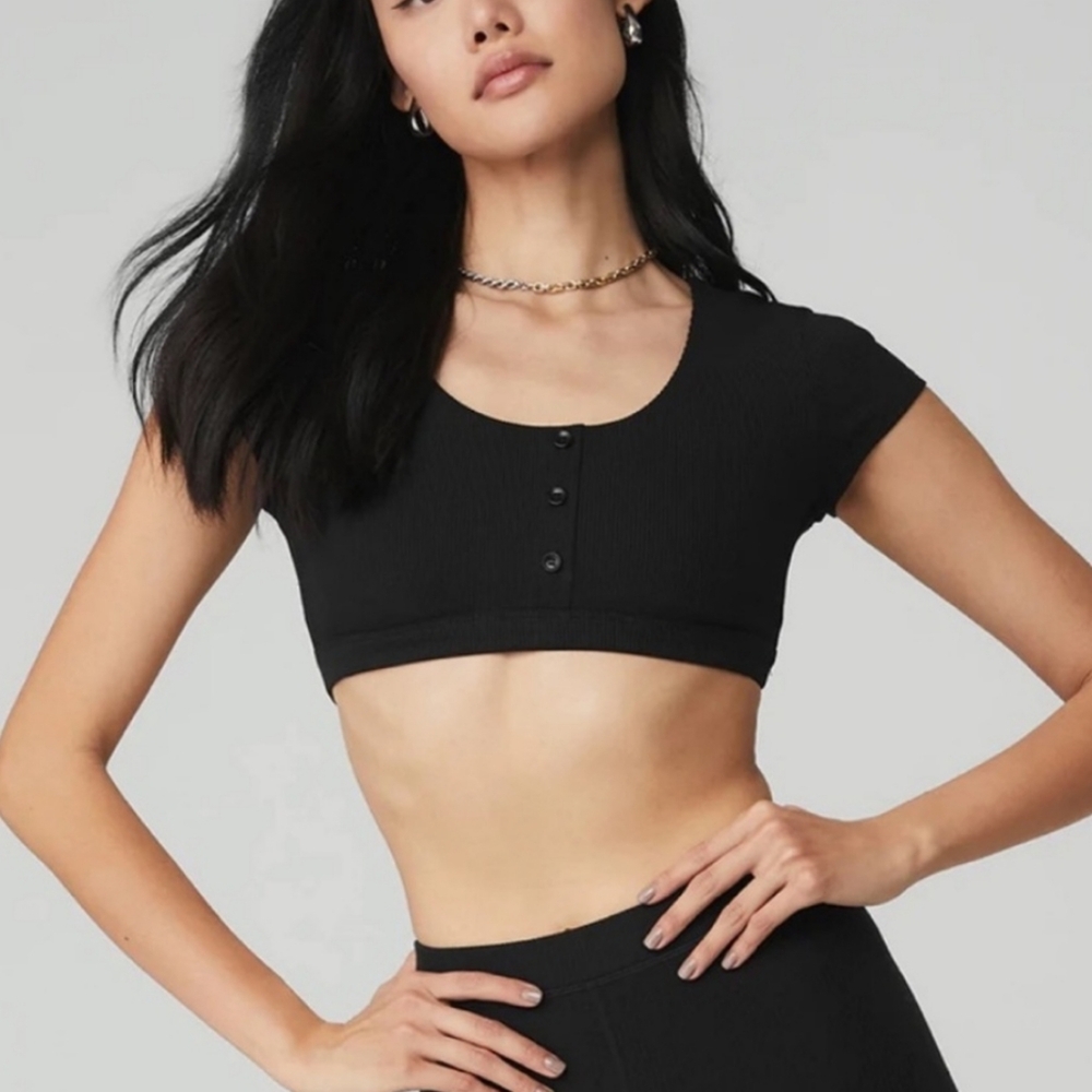ALO Henley Yoga Black Crop Top